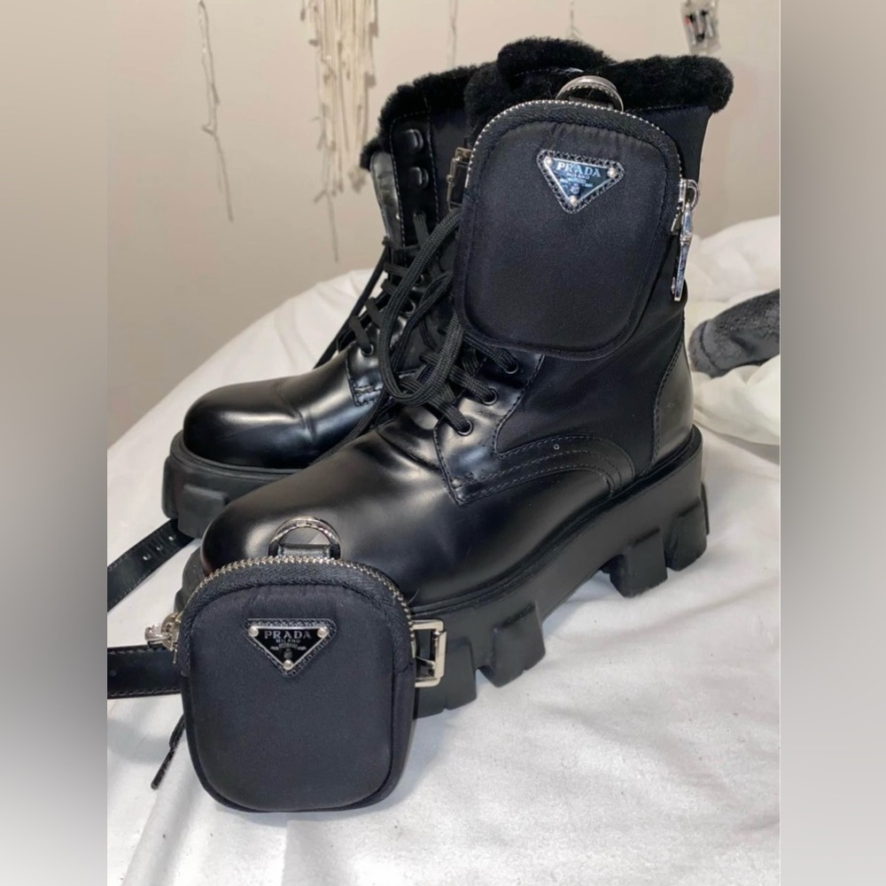 Women’s Prada Leather/Fur Combat boot with Ankle bags SIZE 8.